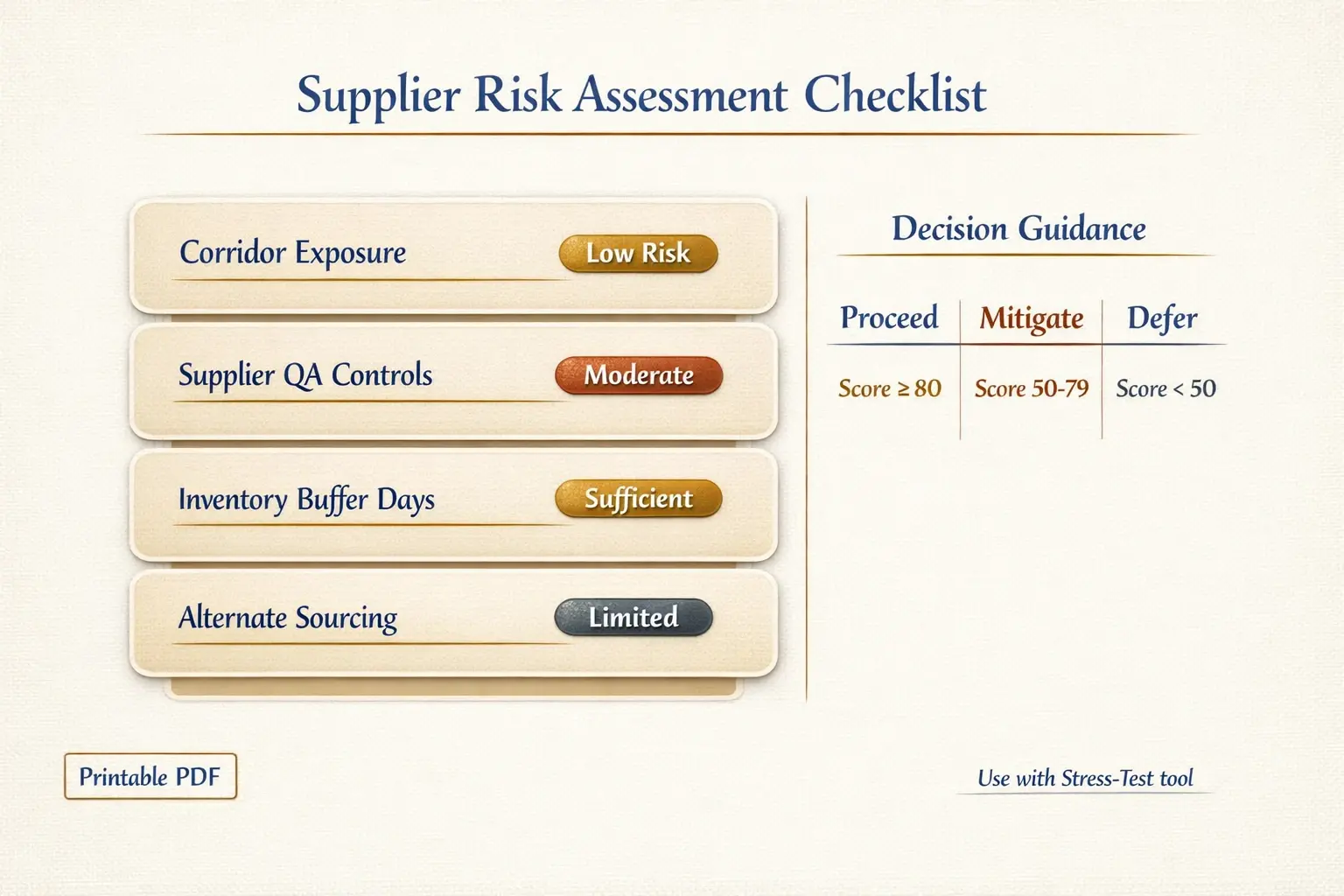 A concise, printable checklist and decision matrix to quickly assess suppliers and decide whether to proceed, mitigate, or defer.