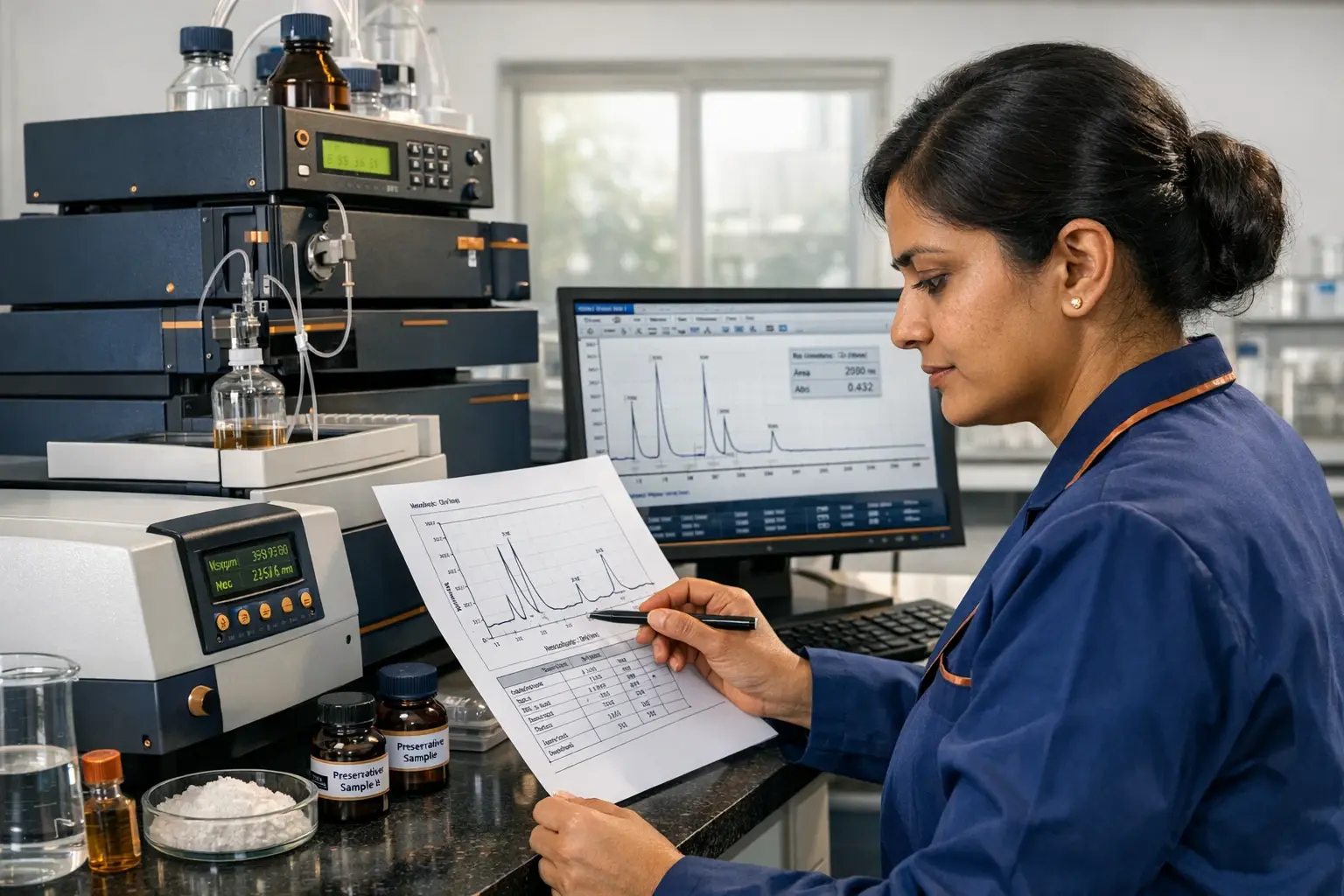 Quality control lab in India conducting critical preservative testing to meet FSSAI and HACCP standards, ensuring product integrity.
