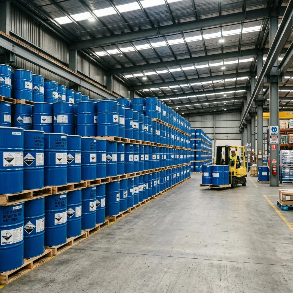Warehouse storing bulk industrial chemicals in drums for verified chemical sourcing and procurement