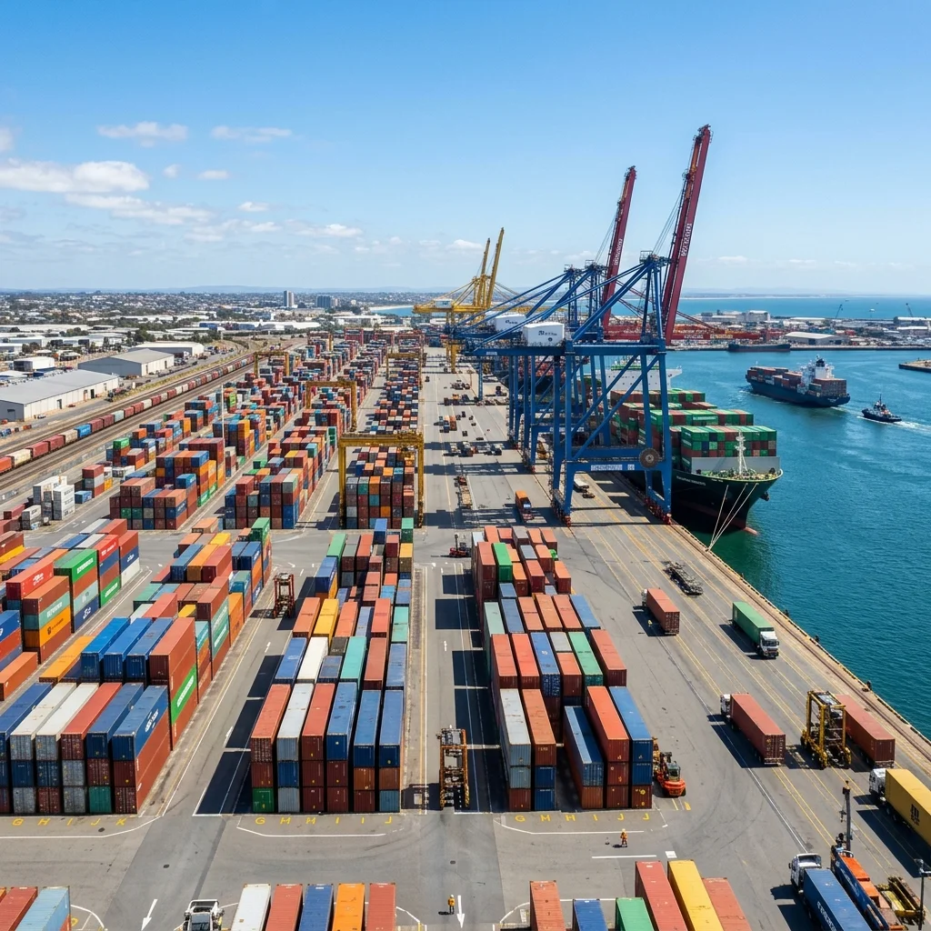 Container port handling international freight, export compliance, customs documentation, and global logistics