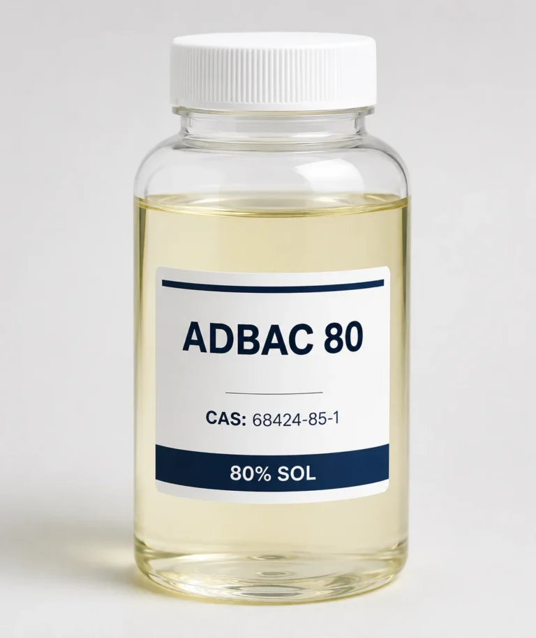 Alkyl Dimethyl Benzyl Ammonium Chloride 80% (ADBAC 80), CAS 68424-85-1 pale yellow solution in a clear bottle