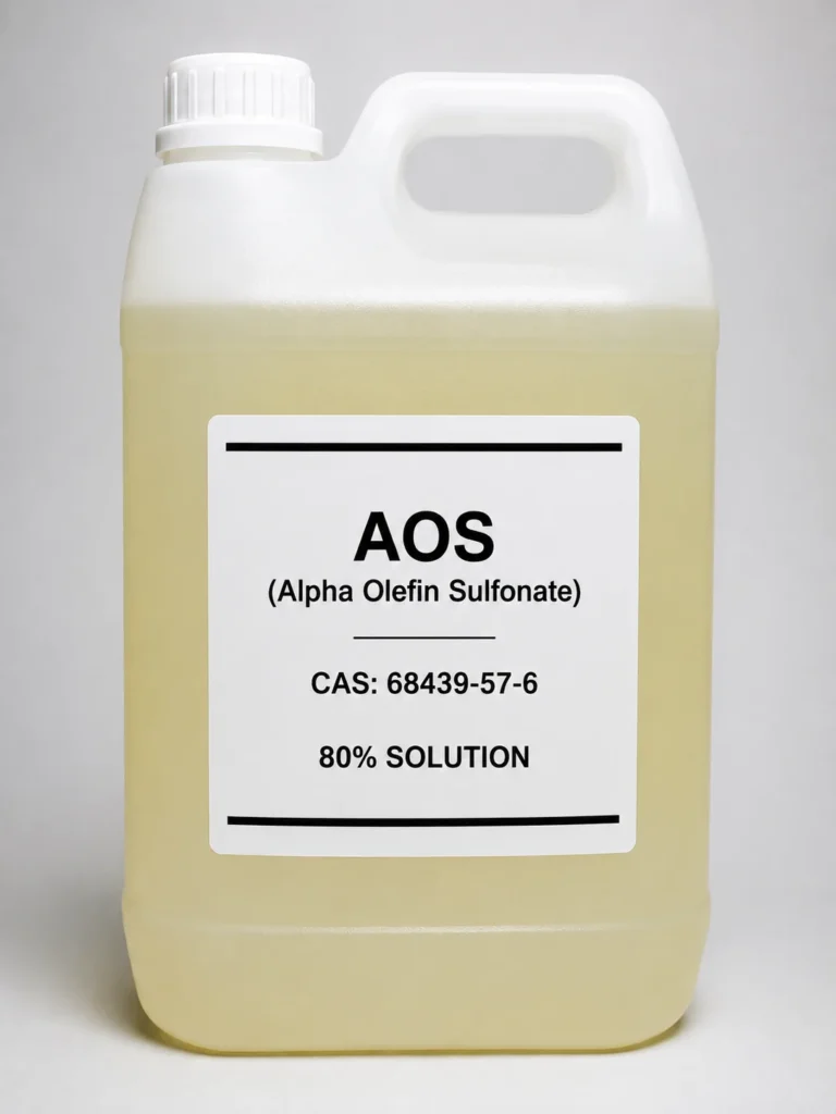 AOS (Alpha Olefin Sulfonate), CAS 68439-57-6 yellow solution in a white jerrycan container