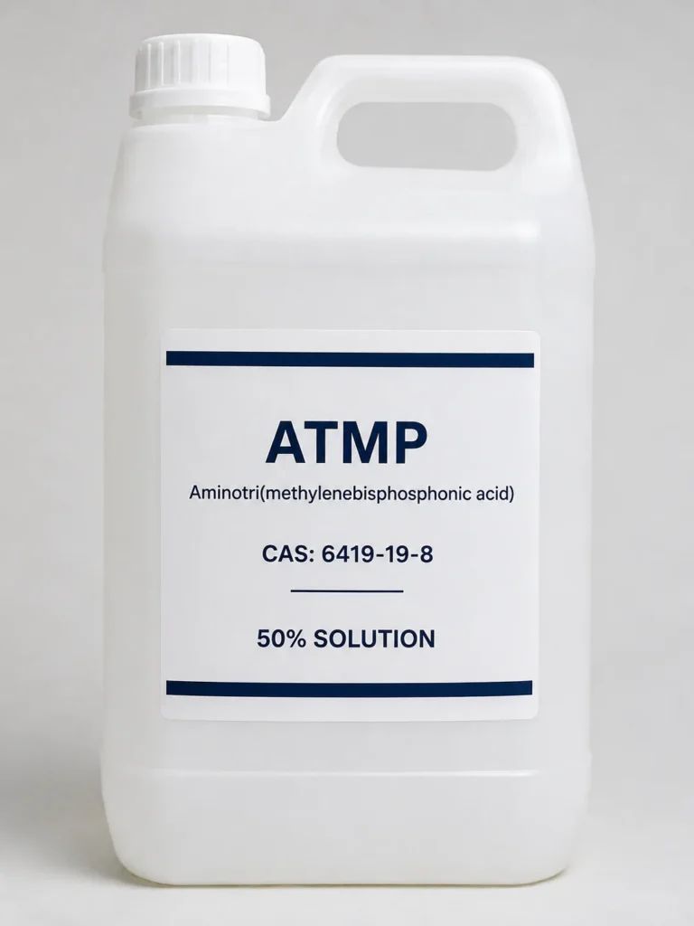 Amin Trimethylene Phosphonic Acid (ATMP) C₃H₁₂NO₉P₃, CAS 6419-19-8 in translucent white jerrycan container