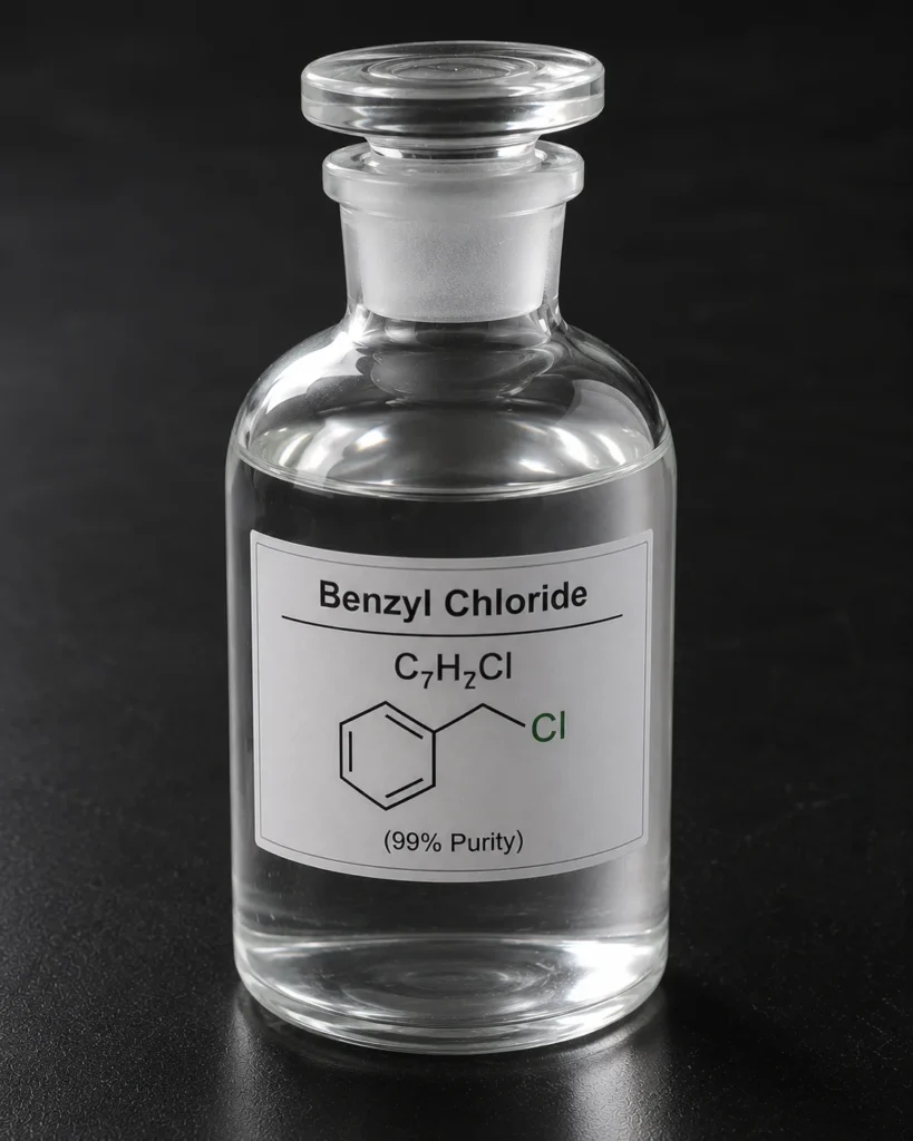 Benzyl Chloride C₇H₇Cl, CAS 100-44-7 colorless liquid in a glass jar