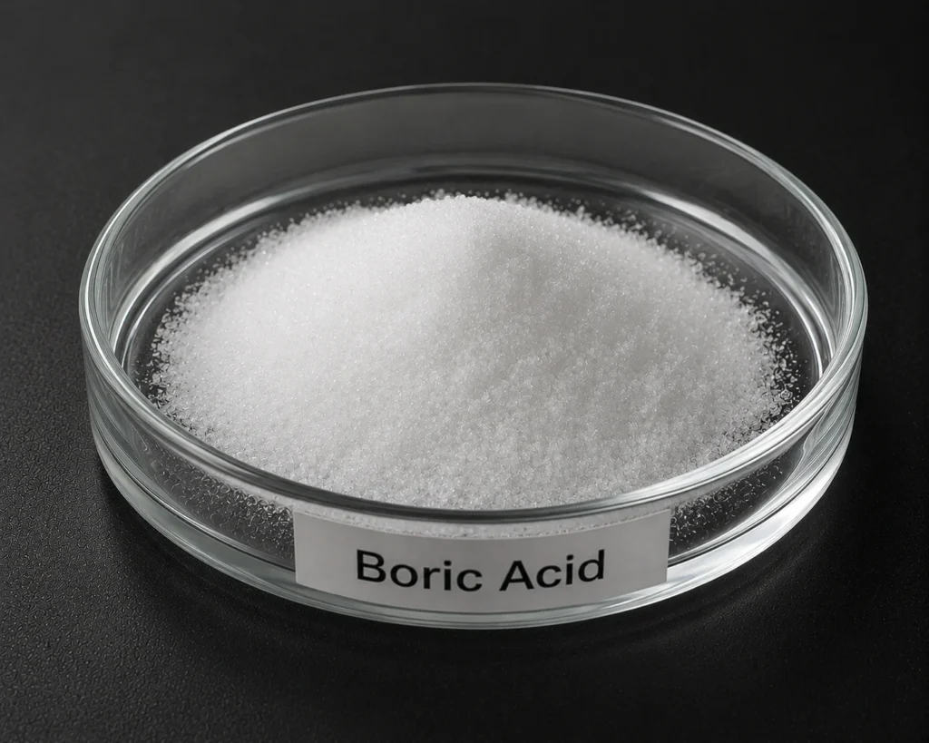 Boric Acid H₃BO₃, CAS 10043-35-3 white powder in a petri dish