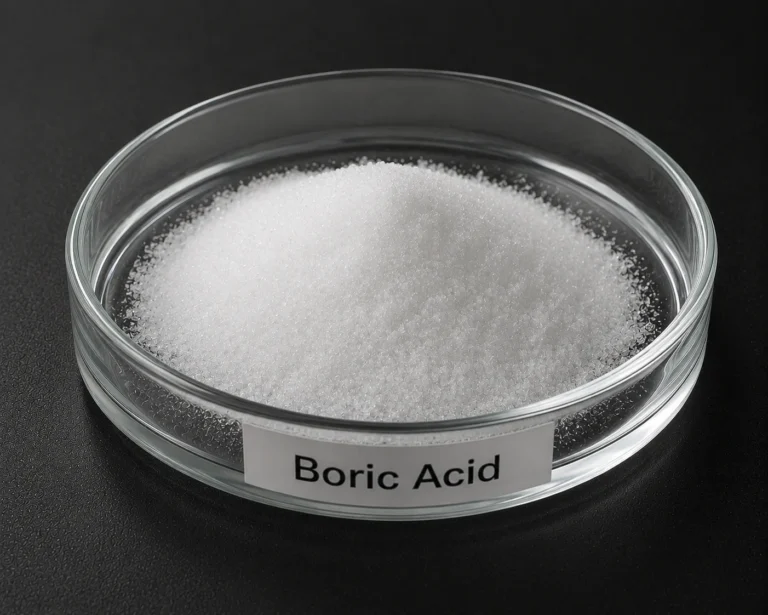 Boric Acid H₃BO₃, CAS 10043-35-3 white powder in a petri dish