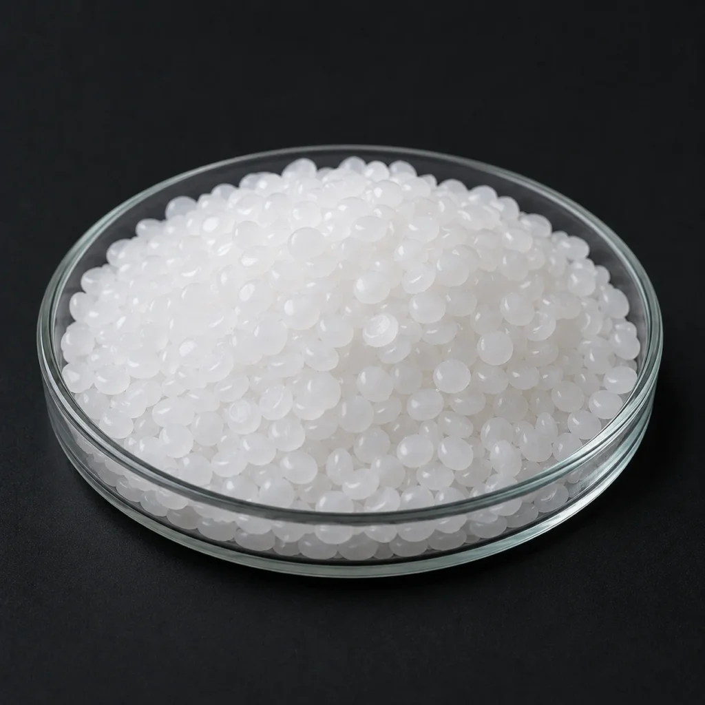 Caustic Soda Beads, sodium hydroxide beads NaOH, CAS1310-73-2 white beads in a petri dish