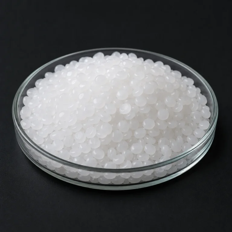 Caustic Soda Beads, sodium hydroxide beads NaOH, CAS1310-73-2 white beads in a petri dish
