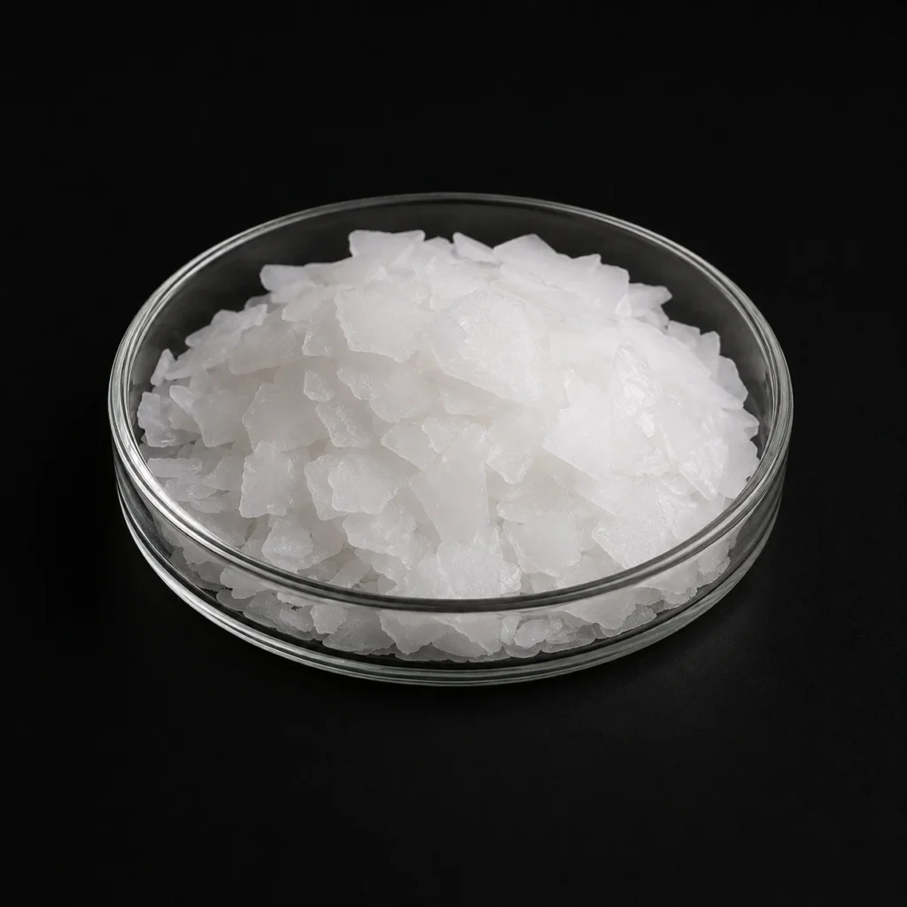 Caustic Soda 50% flakes, sodium hydroxide 50% NaOH, CAS1310-73-2 white flakes in a petri dish