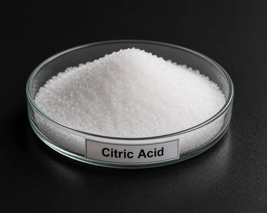 Citric Acid C₆H₈O₇, CAS 77-92-9 white crystalline powder in a petri dish