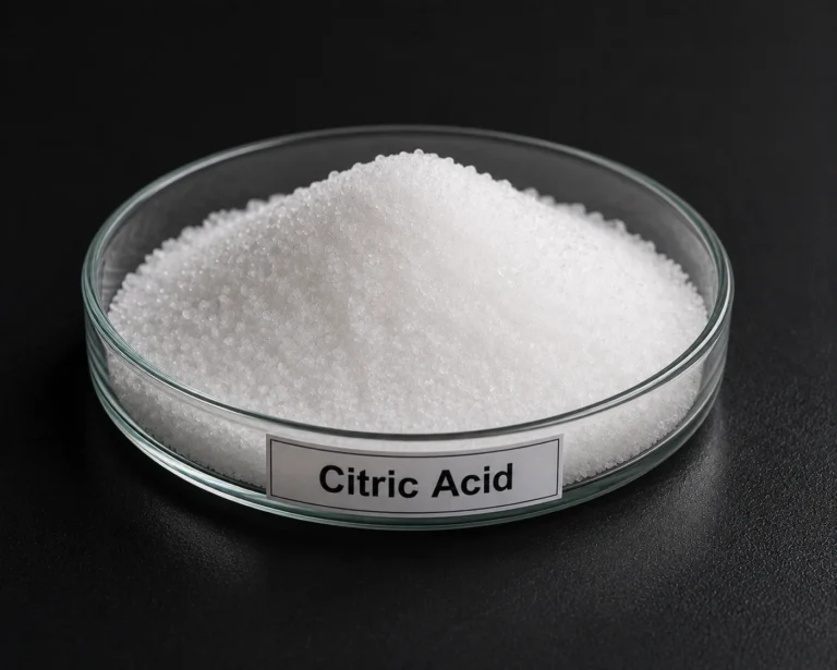 Citric Acid C₆H₈O₇, CAS 77-92-9 white crystalline powder in a petri dish