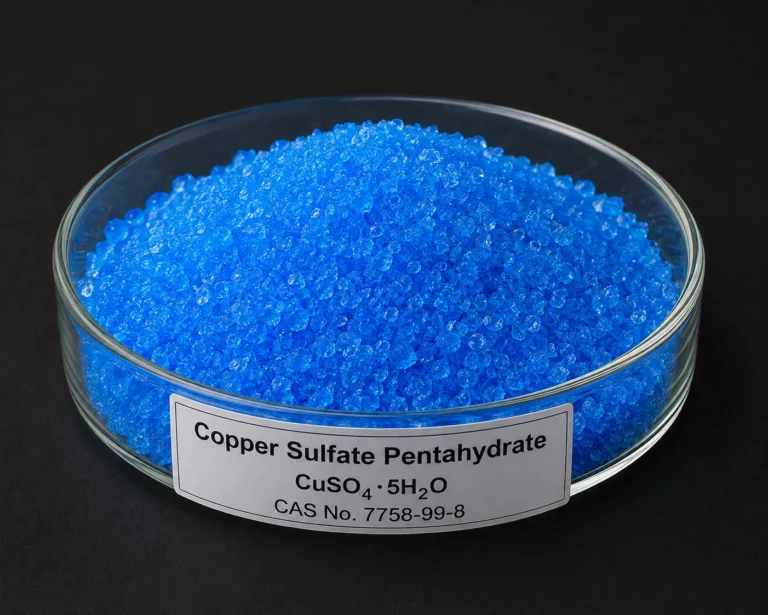 Copper Sulfate Pentahydrate 7758-99-8, CAS 7758-99-8 blue crystalline powder in a petri dish
