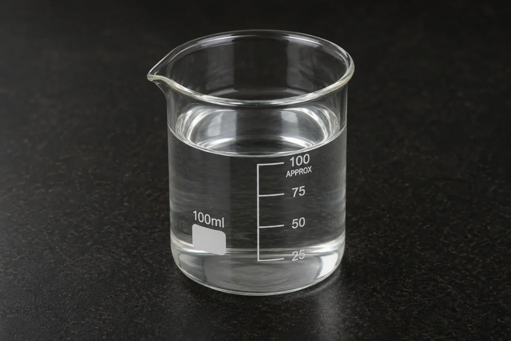 Ethylene Glycol Monobutyl Ether; 2-Butoxyethanol; C₆H₁₄O₂, CAS 111-76-2 colorless liquid in a beaker