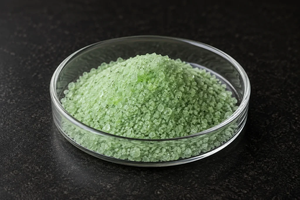 Ferrous Sulfate Heptahydrate, Green Vitriol, FeSO₄·7H₂O, CAS 7782-63-0 green crystalline granules in a petri dish