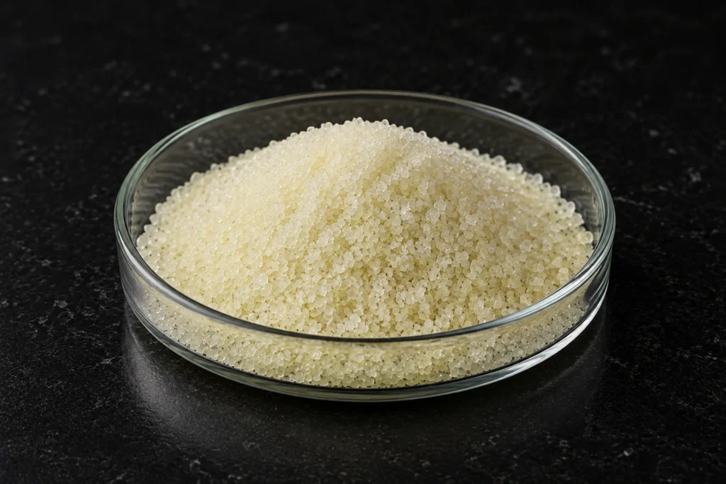 Ferrous Sulfate Monohydrate, Dried Ferrous Sulfate, FeSO₄·H₂O CAS 17375-41-6 off-white powder in a petri dish