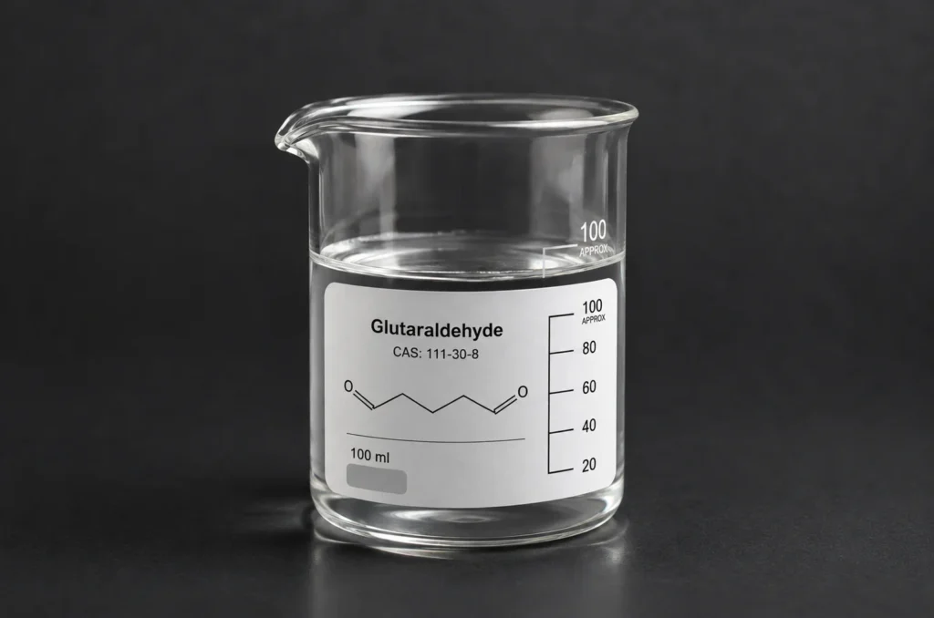 Glutaraldehyde, Glutaric Dialdehyde; C₅H₈O₂, CAS 111-30-8 Colorless Liquid in a beaker