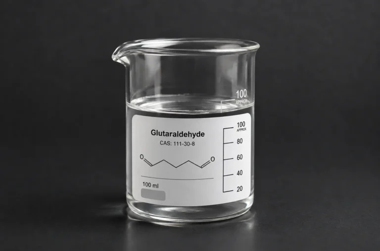 Glutaraldehyde, Glutaric Dialdehyde; C₅H₈O₂, CAS 111-30-8 Colorless Liquid in a beaker