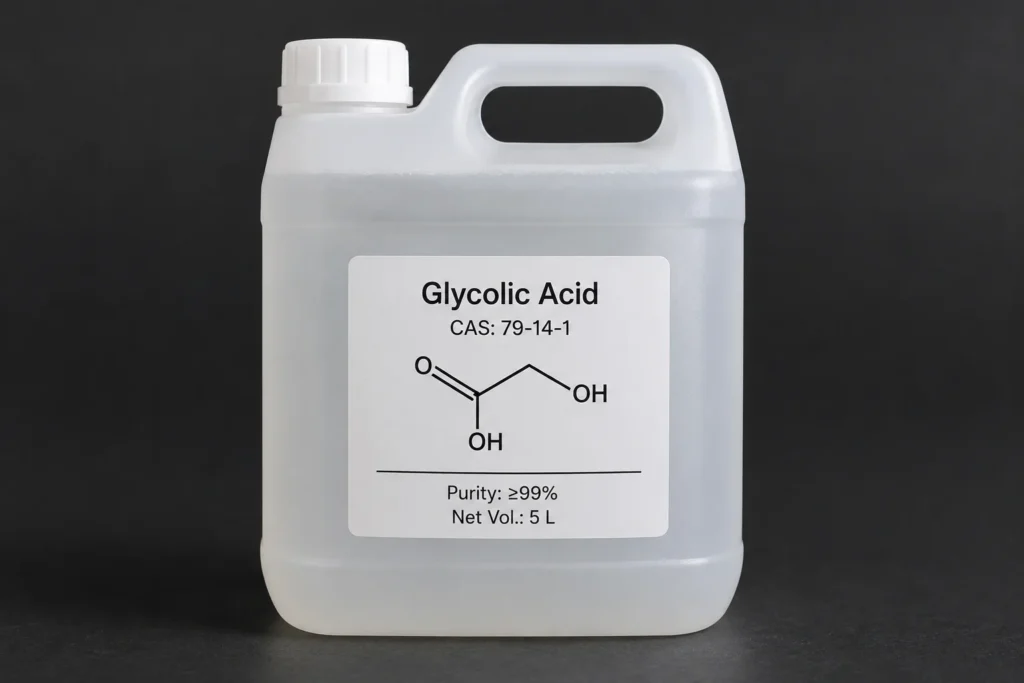 Glycolic Acid GA HP 70 % Solution ( Cosmetic/Personal care Application ) C₂H₄O₃, CAS 79-14-1 colorless aqeous solution in a white jerrycan