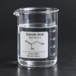 Glycolic Acid 70% Technical grade ( Industrial application ), Hydroxyacetic Acid 70%, C₂H₄O₃, CAS 79-14-1 colorless liquid in a beaker