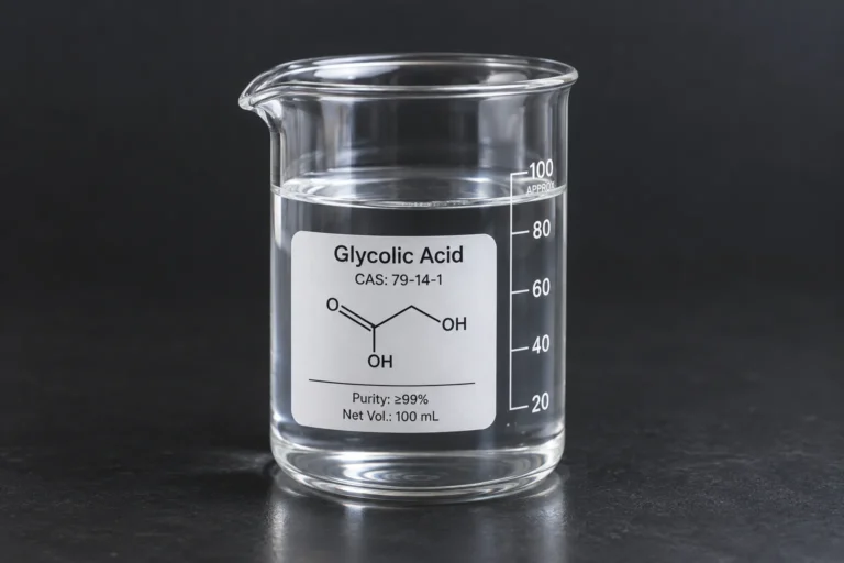 Glycolic Acid 70% Technical grade ( Industrial application ), Hydroxyacetic Acid 70%, C₂H₄O₃, CAS 79-14-1 colorless liquid in a beaker