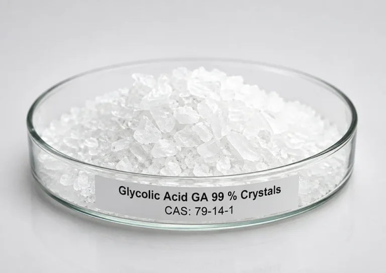 Glycolic Acid GA 99 % Crystals; Glycolic Acid Anhydrous 99%; C₂H₄O₃, CAS 79-14-1 white crystals in a petri dish