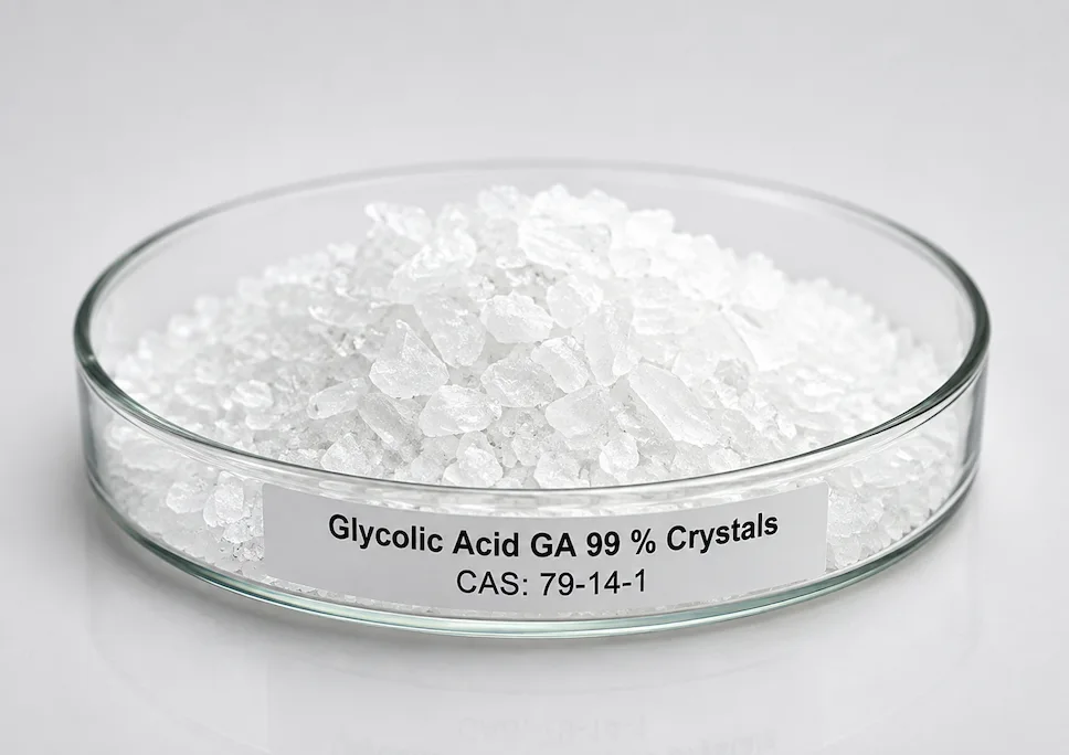 Glycolic Acid GA 99 % Crystals; Glycolic Acid Anhydrous 99%; C₂H₄O₃, CAS 79-14-1 white crystals in a petri dish