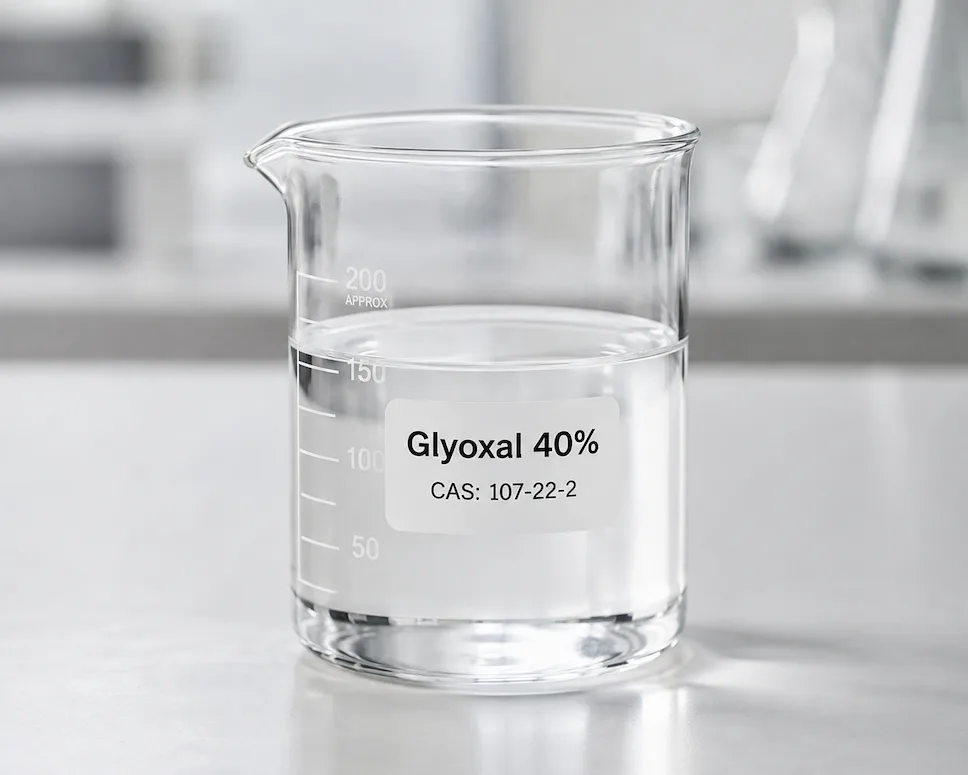 Glyoxal 40%; Ethanedial 40%; C₂H₂O₂, 107-22-2 colorless liquid in a beaker
