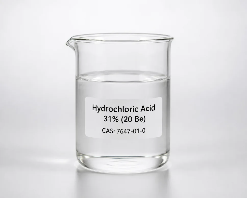 Hydrochloric Acid 31%; Muriatic Acid; HCl, CAS 7647-01-0 colorless liquid in a beaker