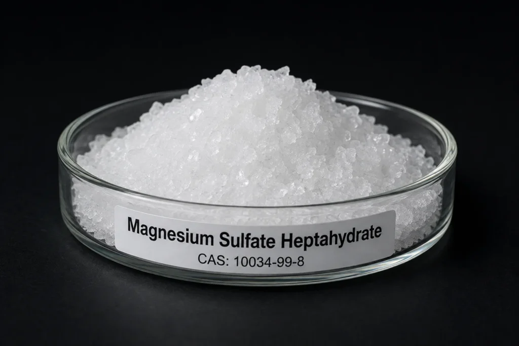 Magnesium Sulfate Heptahydrate; Epsom Salt; MgSO₄·7H₂O, CAS 10034-99-8 white crystals in a petri dish