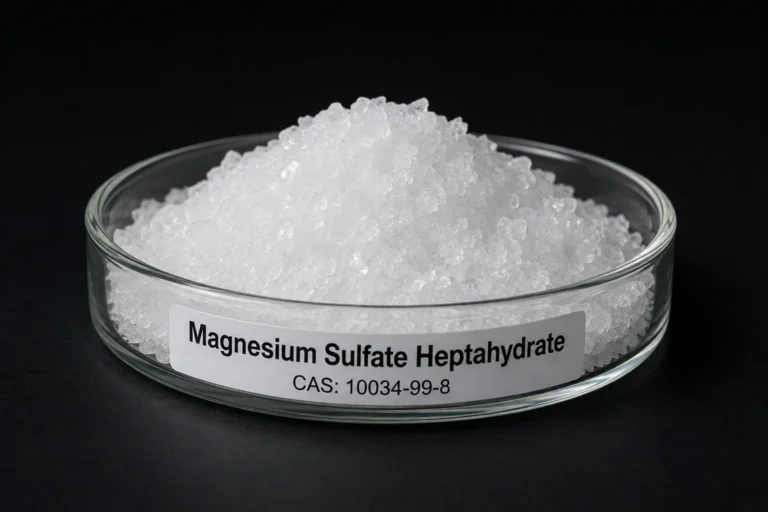 Magnesium Sulfate Heptahydrate; Epsom Salt; MgSO₄·7H₂O, CAS 10034-99-8 white crystals in a petri dish