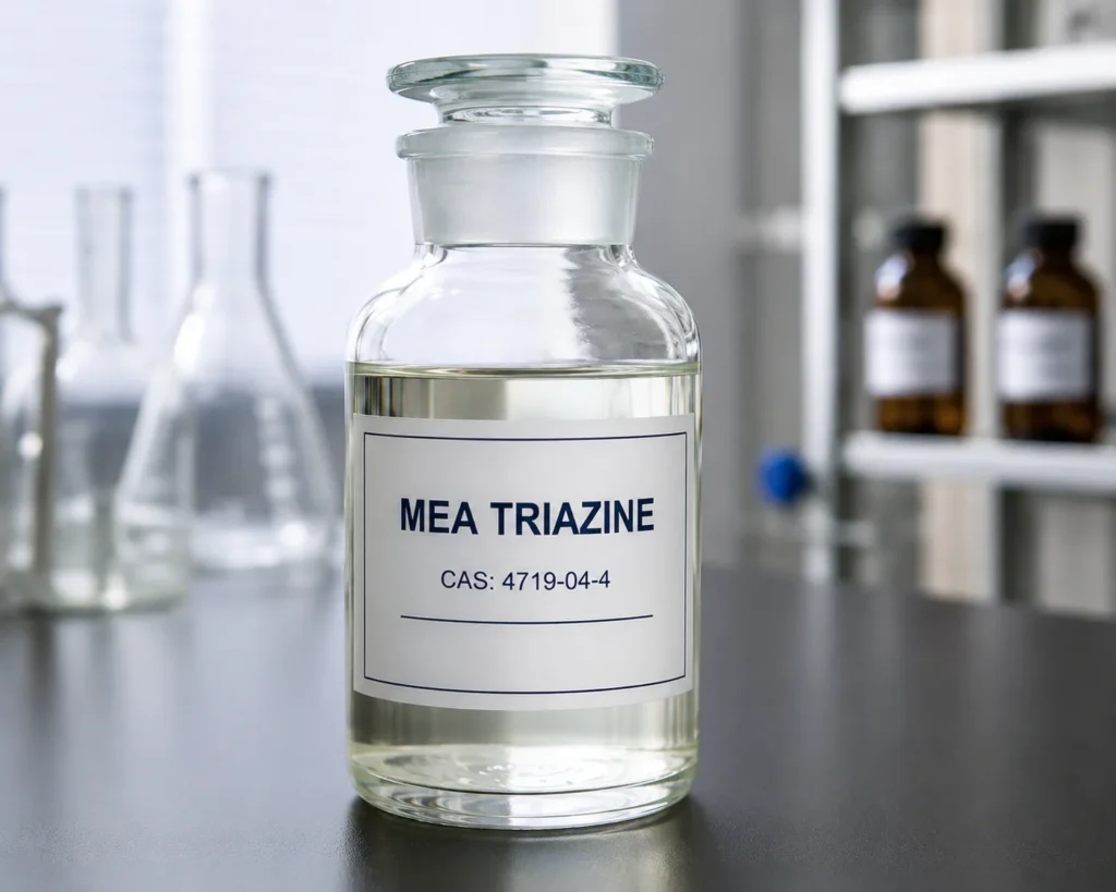 MEA triazine; H2S Scavenger; C₉H₂₁N₃O₃, CAS 17464-91-8 pale yellow liquid in a beaker