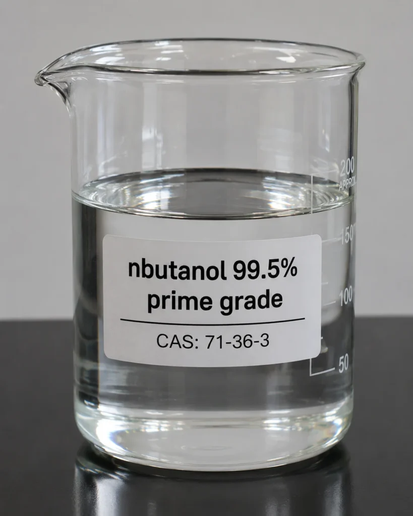 nbutanol 99.5% prime grade; 1-Butanol; C₄H₁₀O, CAS 71-36-3 clea liquid in a beaker