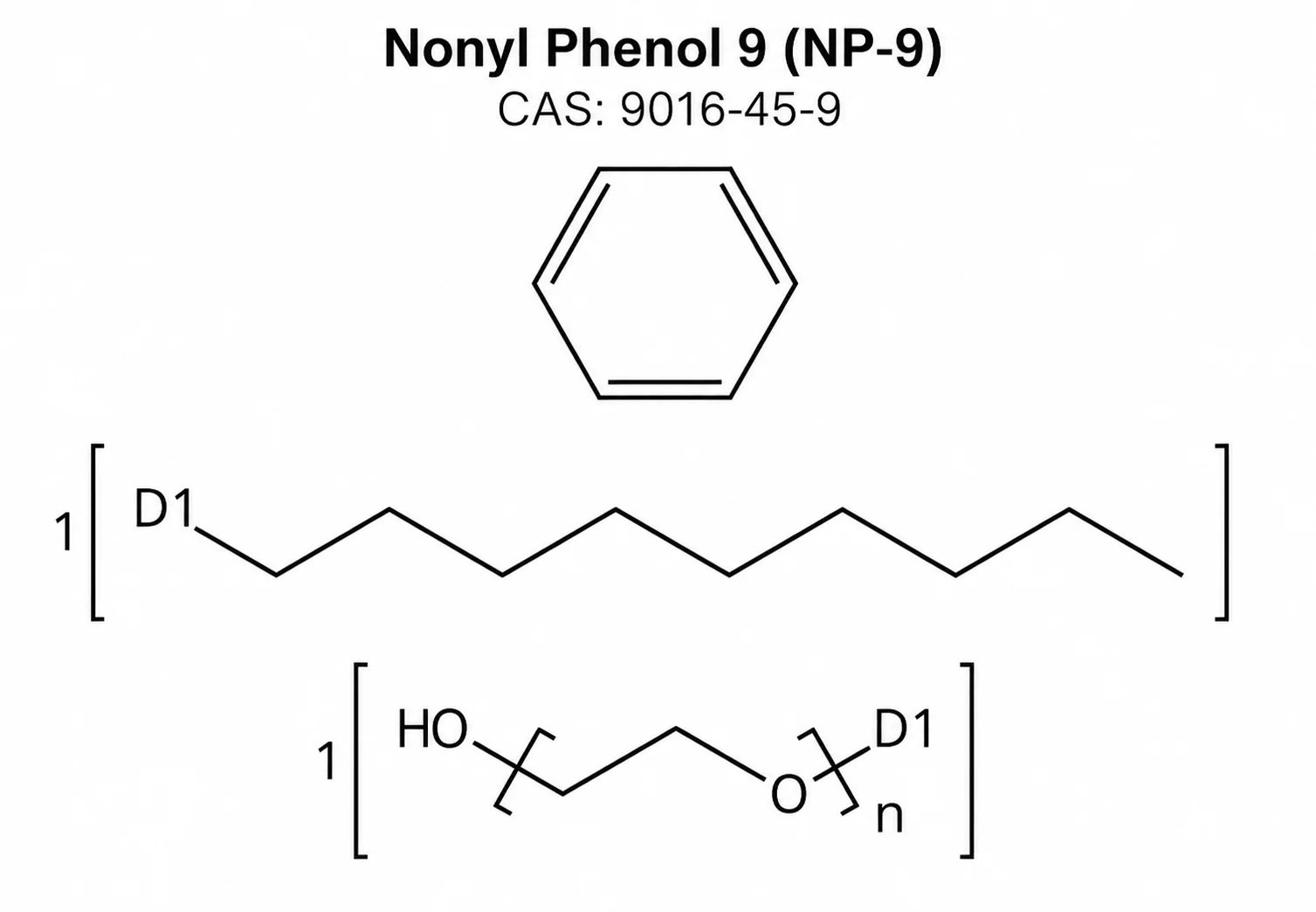 Nonyl Phenol 9; Nonylphenol Ethoxylate 9EO; C₉H₁₉C₆H₄(OC₂H₄)₉OH chemical structure, CAS 9016-45-9