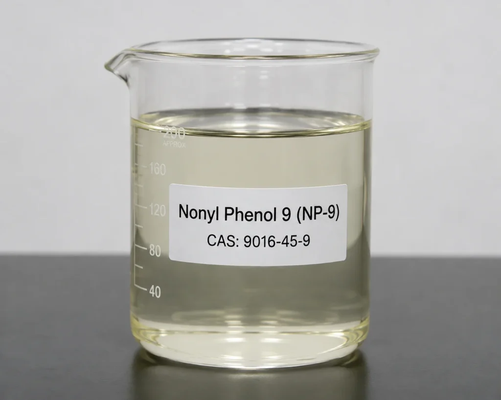 Nonyl Phenol 9; Nonylphenol Ethoxylate 9EO; C₉H₁₉C₆H₄(OC₂H₄)₉OH, CAS 9016-45-9 pale yellow liquid in a beaker