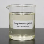 Nonyl Phenol 9; Nonylphenol Ethoxylate 9EO; C₉H₁₉C₆H₄(OC₂H₄)₉OH, CAS 9016-45-9 pale yellow liquid in a beaker