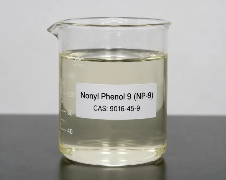 Nonyl Phenol 9; Nonylphenol Ethoxylate 9EO; C₉H₁₉C₆H₄(OC₂H₄)₉OH, CAS 9016-45-9 pale yellow liquid in a beaker