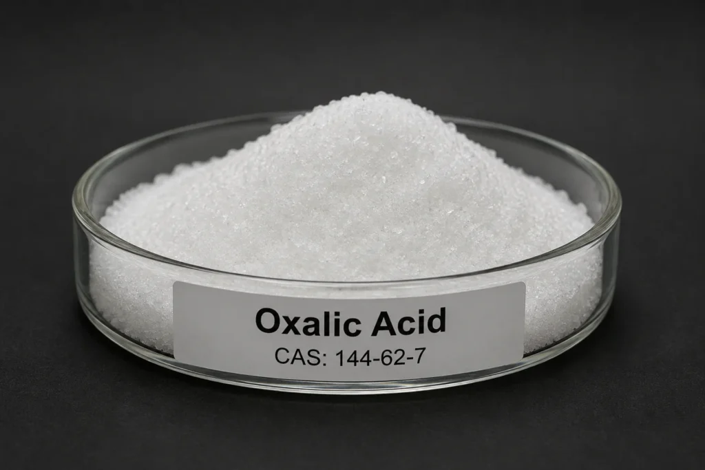 Oxalic Acid; Ethanedioic Acid; C₂H₂O₄, CAS 144-62-7 white powder in a petri dish