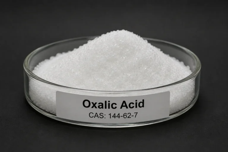 Oxalic Acid; Ethanedioic Acid; C₂H₂O₄, CAS 144-62-7 white powder in a petri dish