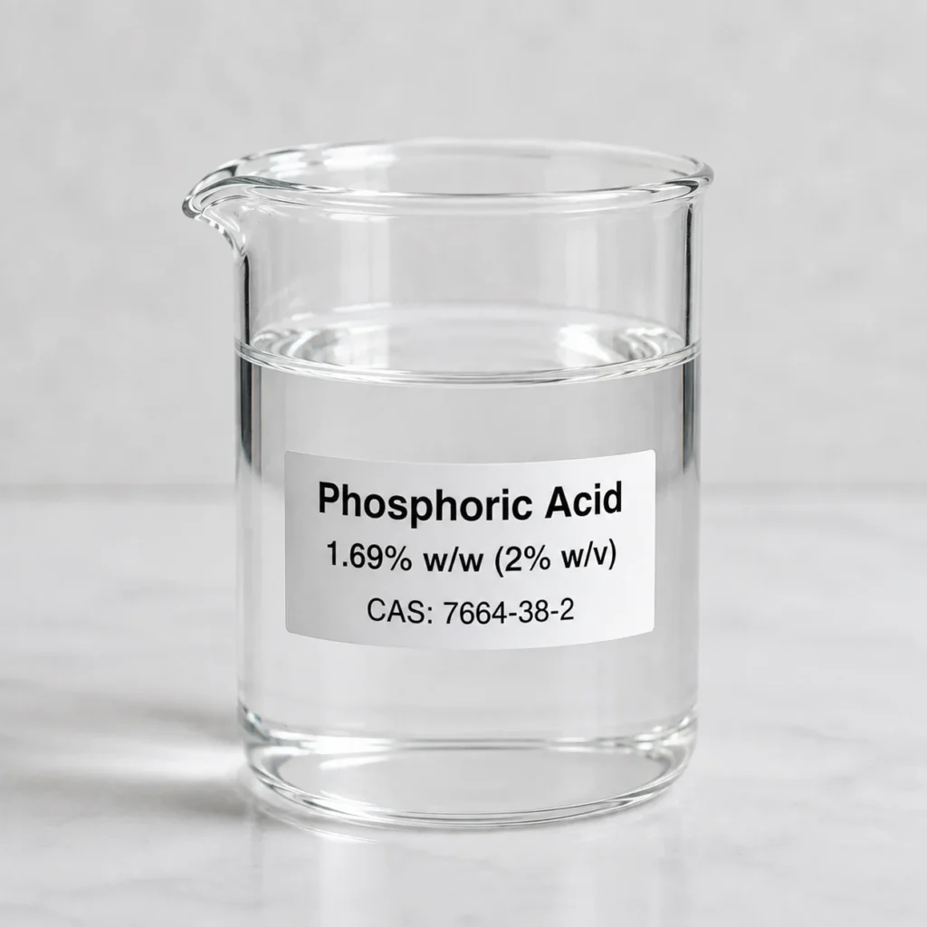 Phosphoric Acid 1.69%; Dilute Phosphoric Acid; Food Grade Phosphoric Acid; H₃PO₄, CAS 7664-38-2; Clear colorless dilute aqueous solution