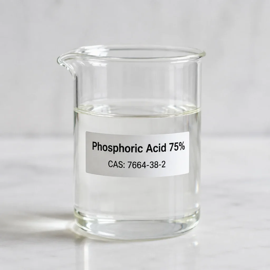 Phosphoric Acid 75%; Orthophosphoric Acid 75%; Phosphoric Acid Solution; H₃PO₄, CAS 7664-38-2; Clear colorless syrupy liquid