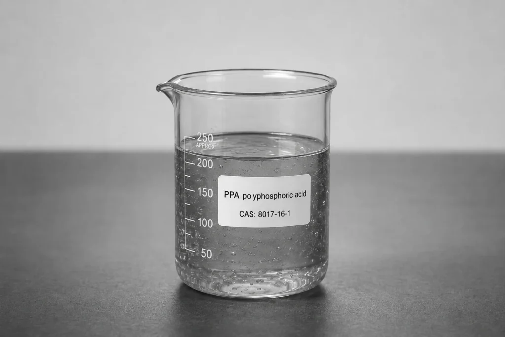 PPA polyphosphoric acid; Tetraphosphoric Acid; HnPnO(3n+1), CAS 8017-16-1 viscous colorless liquid in a beaker