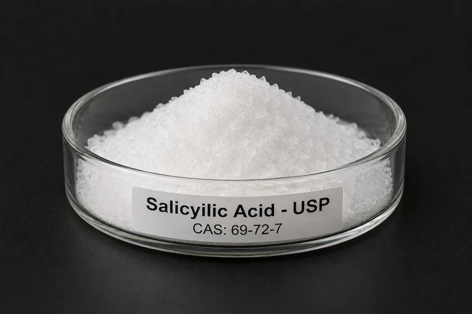 Salicyilic Acid - USP; Salicylic Acid Pharma Grade; C₇H₆O₃, CAS 69-72-7; White crystalline powder 