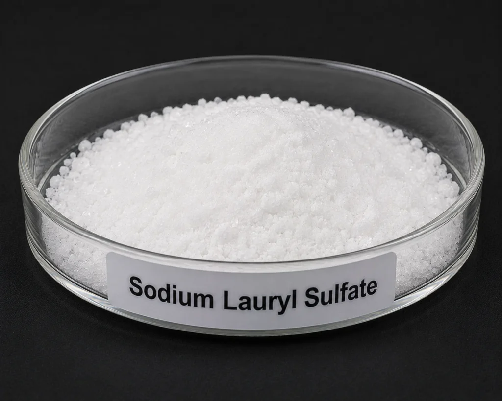 Sodium Lauryl Sulfate (SLS); Sodium Dodecyl Sulfate (SDS); CH₃(CH₂)₁₁OSO₃Na, CAS 151-21-3; White or cream-colored crystalline powder